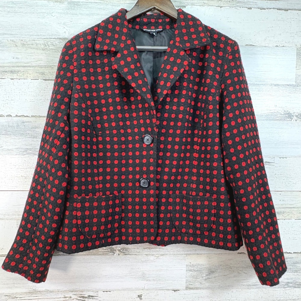 Briggs New York Womens Red Polka Dot Blazer Jacket Black Size 14 Retro Career